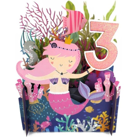 Girls 3rd Birthday Mermaid & Seahorse 3D Pop Up Birthday Greeting Card